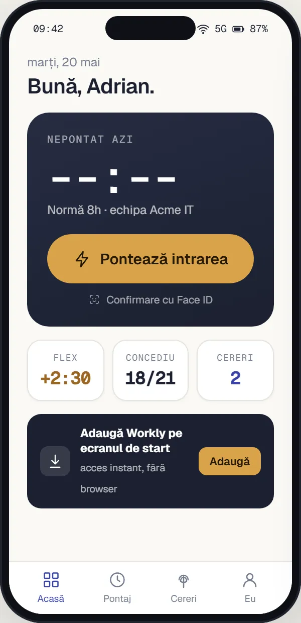 Aplicația de mobil Workly — pontare cu un tap.